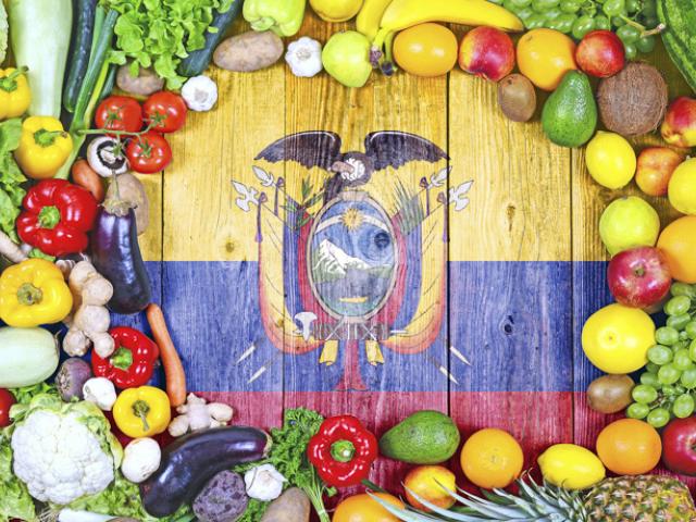 Variedad de frutas y verduras frescas con propiedades antiinflamatorias frente a la bandera de Ecuador.